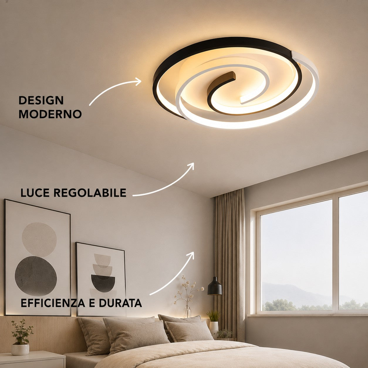 Novoora modern spiral LED ceiling light with adjustable brightness, mounted in a minimalist bedroom interior.