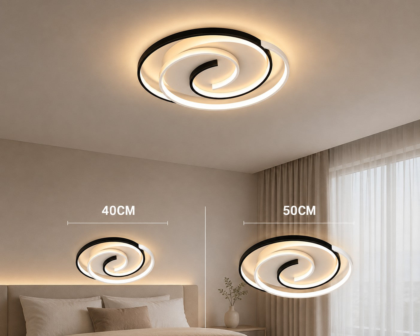 Novoora modern spiral LED ceiling light with black and white circular design, available in 40cm and 50cm sizes.